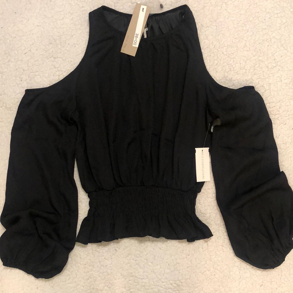 NWT Do+Be Black Cold Shoulder Blouse with elastic waist detail